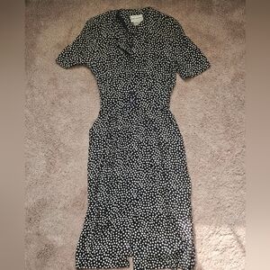 Vintage Karin Stevens Navy Polka Dot Dress Button Down Cinched Waist Vee Neck 6